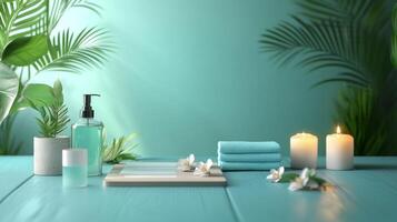 Spa products on a wooden table with tropical plants photo