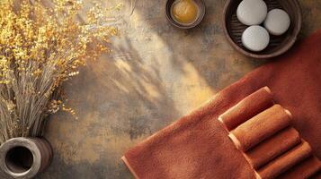 A towel with eggs and flowers on a table photo