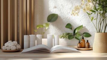 A book, a bottle of lotion, and a vase of flowers on a table photo