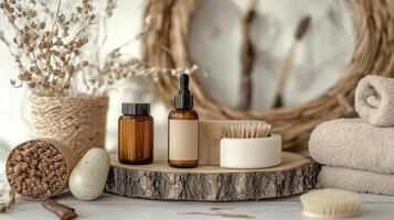 A wooden table with a towel, a brush, and a bottle of essential oils photo