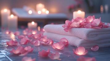A spa room with candles and towels photo