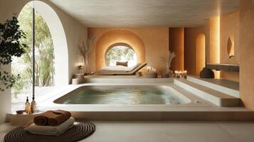 A spa room with a large tub and a bed photo