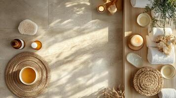A table with towels, candles and other items photo