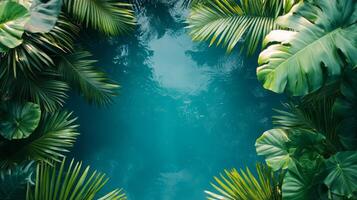 Tropical palm leaves and water in a jungle photo