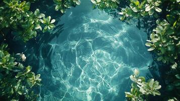 A view of the water in a pool surrounded by green plants photo