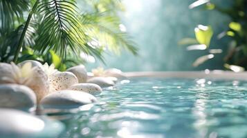 A tropical pool with stones and palm trees photo