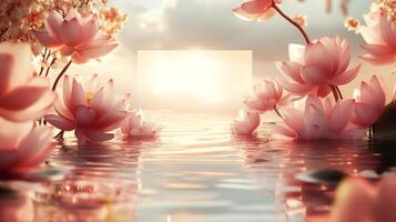 Lotus flowers in water with sun shining through photo