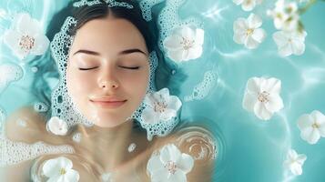 A woman is floating in a bathtub with flowers photo