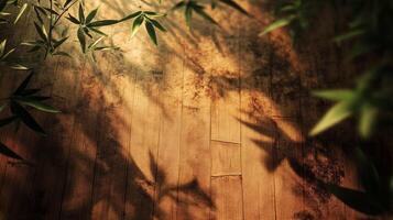 A bamboo tree is in the foreground of a wooden wall photo