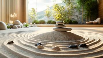 Zen garden with stones and rocks in the sand photo