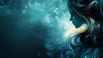 A woman with long hair and a blue background photo