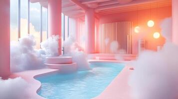 A pink room with a pool and a cloud filled sky photo