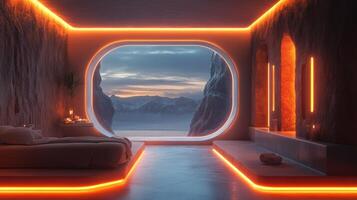 A bedroom with a window looking out to the mountains photo