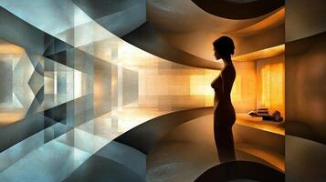 A woman standing in front of a mirror in a room photo