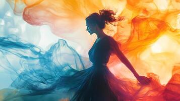 A woman in a dress is surrounded by colorful smoke photo