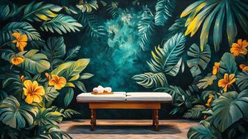 A tropical jungle scene with a massage table photo