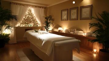 A spa room with a massage table and candles photo