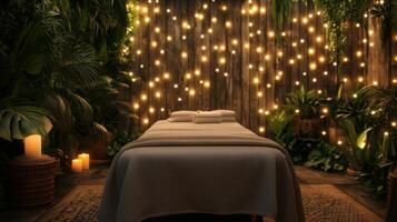 A massage table in a room with candles and plants photo