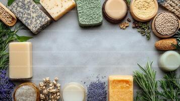 Various soap bars and herbs arranged in a circle photo