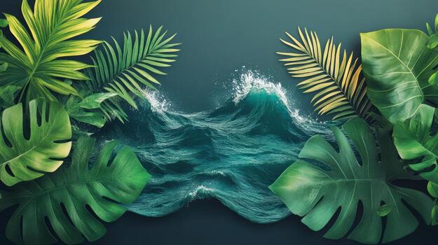 Tropical leaves and palm trees on a dark background photo