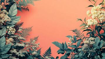 Flowers and plants on a pink background photo