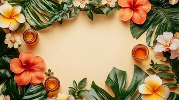 Tropical flowers and leaves on a yellow background photo