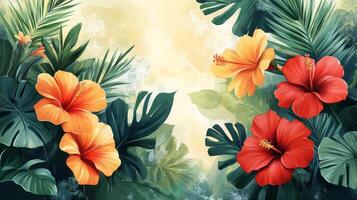 Tropical flowers and leaves on a background photo