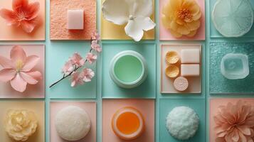 Various soap and bath products arranged in a square pattern photo