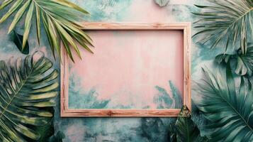 Tropical leaves and palm leaves on a pink wall with a wooden frame photo