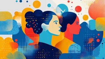 A woman and a man are standing in front of a colorful background photo
