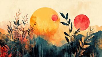 An abstract painting of a sunset with grass and trees photo