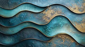 A blue and gold wave pattern on a wall photo
