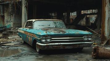 An old car is sitting in a dirty, abandoned building photo