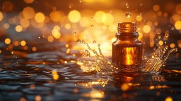 A bottle of essential oil splashing in water photo