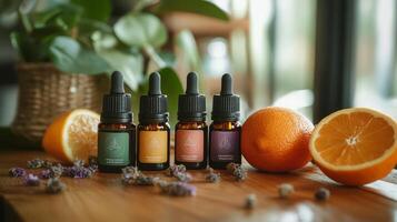 A table with four bottles of essential oils and oranges photo
