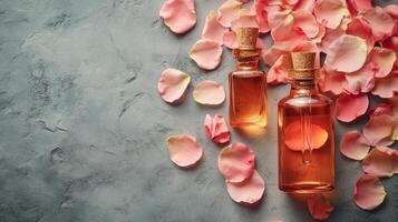 Rose petals and bottles of essential oil on a gray background photo