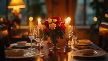 A table setting with candles and flowers photo