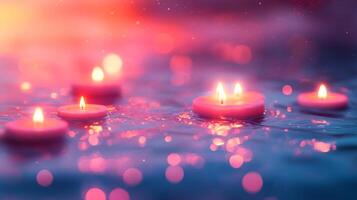 Candles floating in water with bokeh effect photo