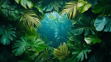Tropical jungle background with green leaves and leaves photo