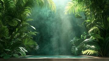 A tropical jungle scene with a pool and plants photo