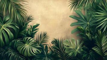 Tropical jungle background with palm leaves and plants photo