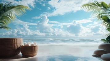 Tropical beach with palm trees and a basket photo