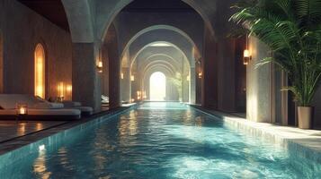 A long indoor pool with a large archway photo