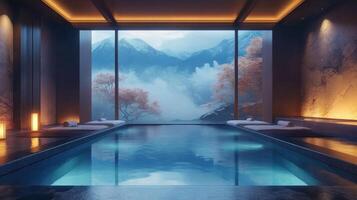 A spa room with a view of mountains photo