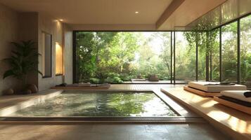 A large indoor pool with a view of the trees photo