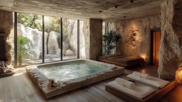 A spa room with a large stone wall and a waterfall photo