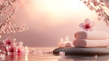 Spa towels and flowers in water with sun setting photo