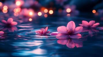 Pink flowers floating in water with lights in the background photo