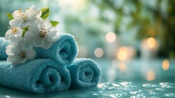 Spa towels with flowers and candles photo