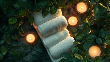 A group of white towels and candles in a green bush photo